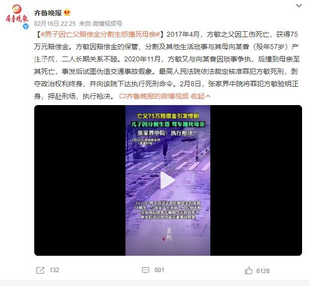 男子因錢款分割撞死母親被槍決 剝奪政治權(quán)利終身