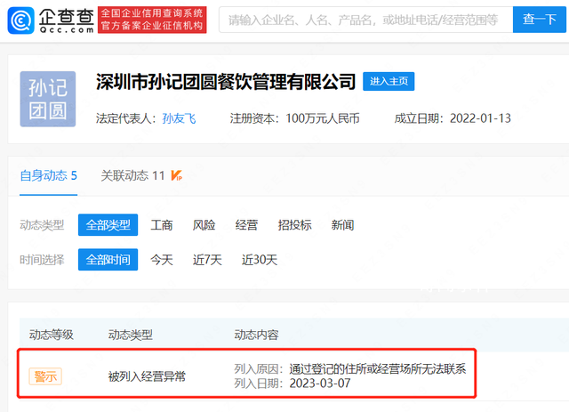 孫海洋夫婦餐飲公司被列經(jīng)營(yíng)異常 將去登記變更辦公場(chǎng)所