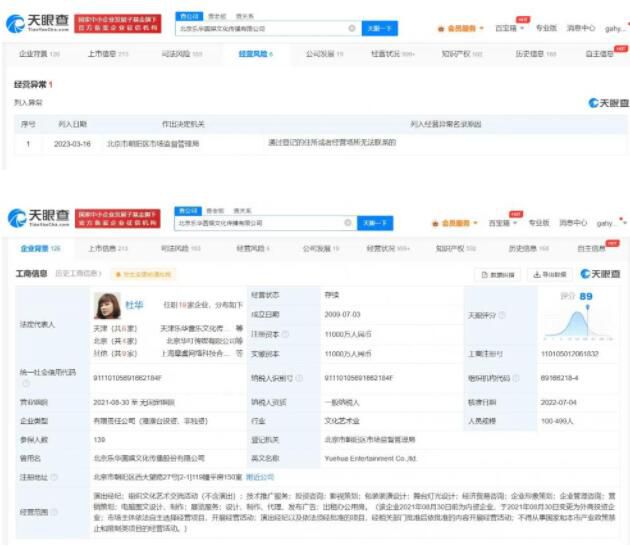 樂華娛樂被列為經(jīng)營異常 工商信息中未更新聯(lián)絡信息導致