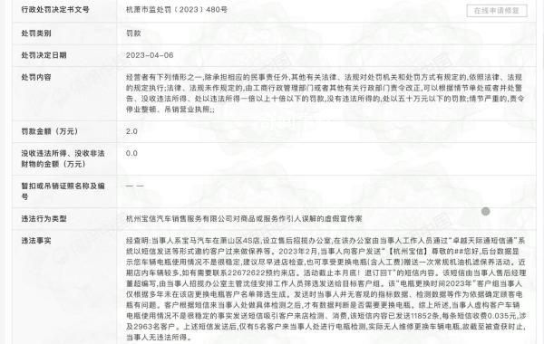 杭州寶馬4S店誘導(dǎo)顧客到店消費被罰 虛構(gòu)客戶車輛電瓶使用不穩(wěn)定的信息