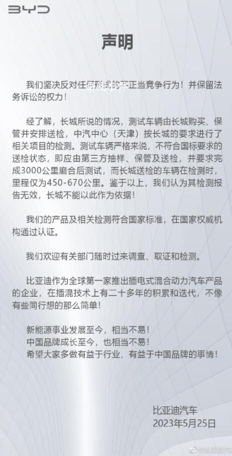 比亞迪回應(yīng)長城舉報:反對不正當(dāng)競爭