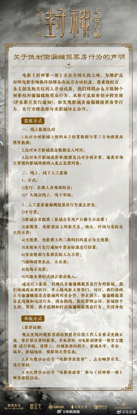 封神發聲明抵制偷漏瞞報票房行為 如發現將選擇與該影城終止合作