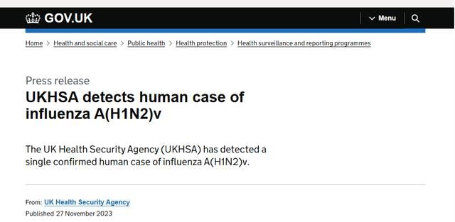 英國(guó)報(bào)告首例人感染H1N2病例