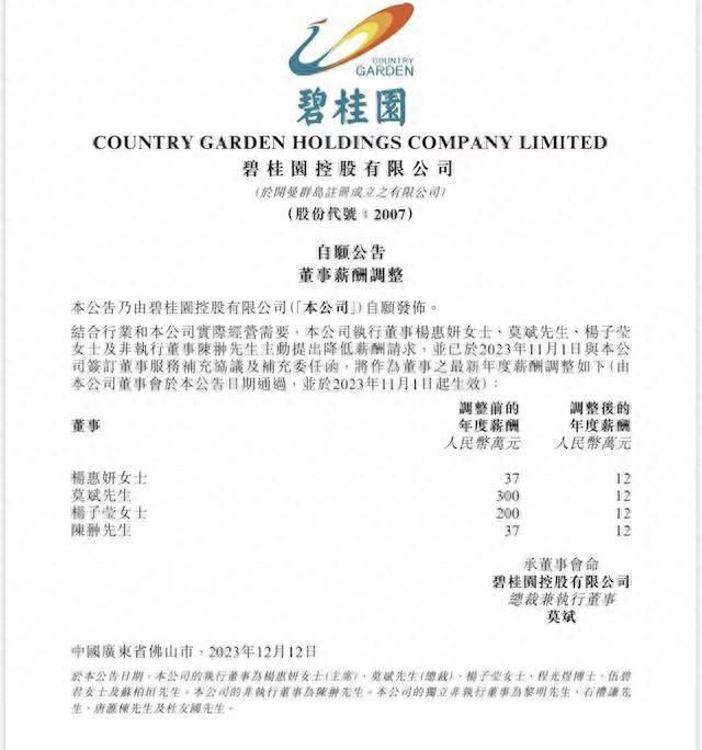 碧桂園主席及總裁降薪至一年12萬(wàn) 此前最高年薪300萬(wàn)
