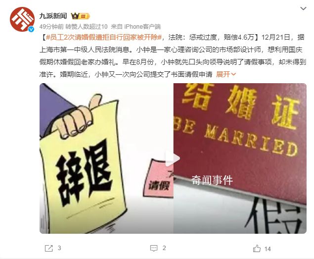 員工請婚假遭拒自行回家被開除